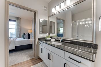 Bathroom with large mirror above the sink